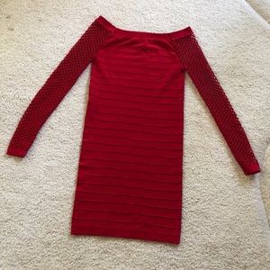 Sugar + Lips Off the Shoulder Crochet long  Sleeve  body-con Red Dress